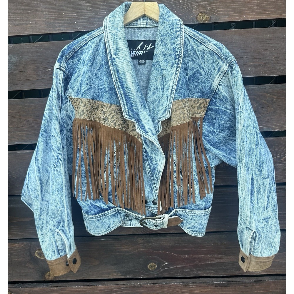 Vtg Winlit Denim Fringe Jacket Acid Wash Cropped Western Cowboy Women's M/L